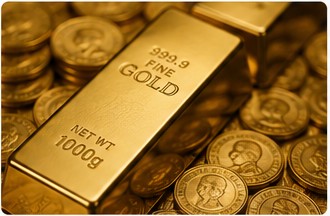 Gold bar and coins